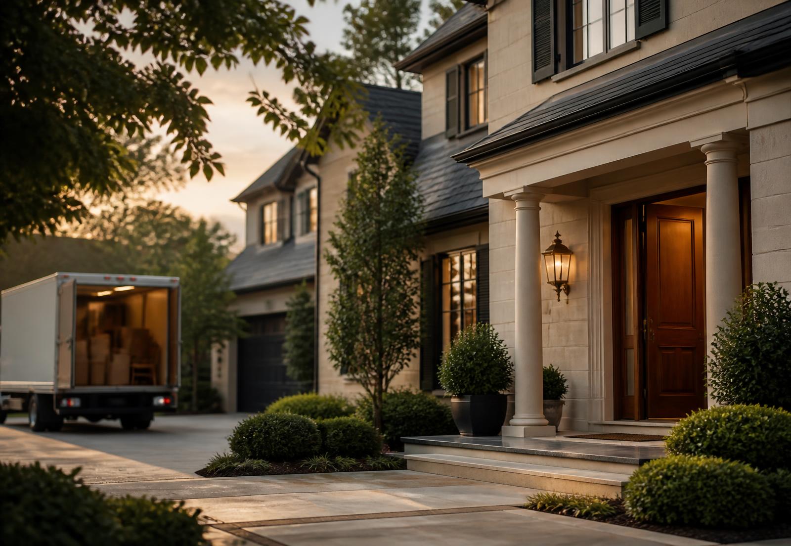 Warm evening light on a suburban home with a moving van in the driveway
