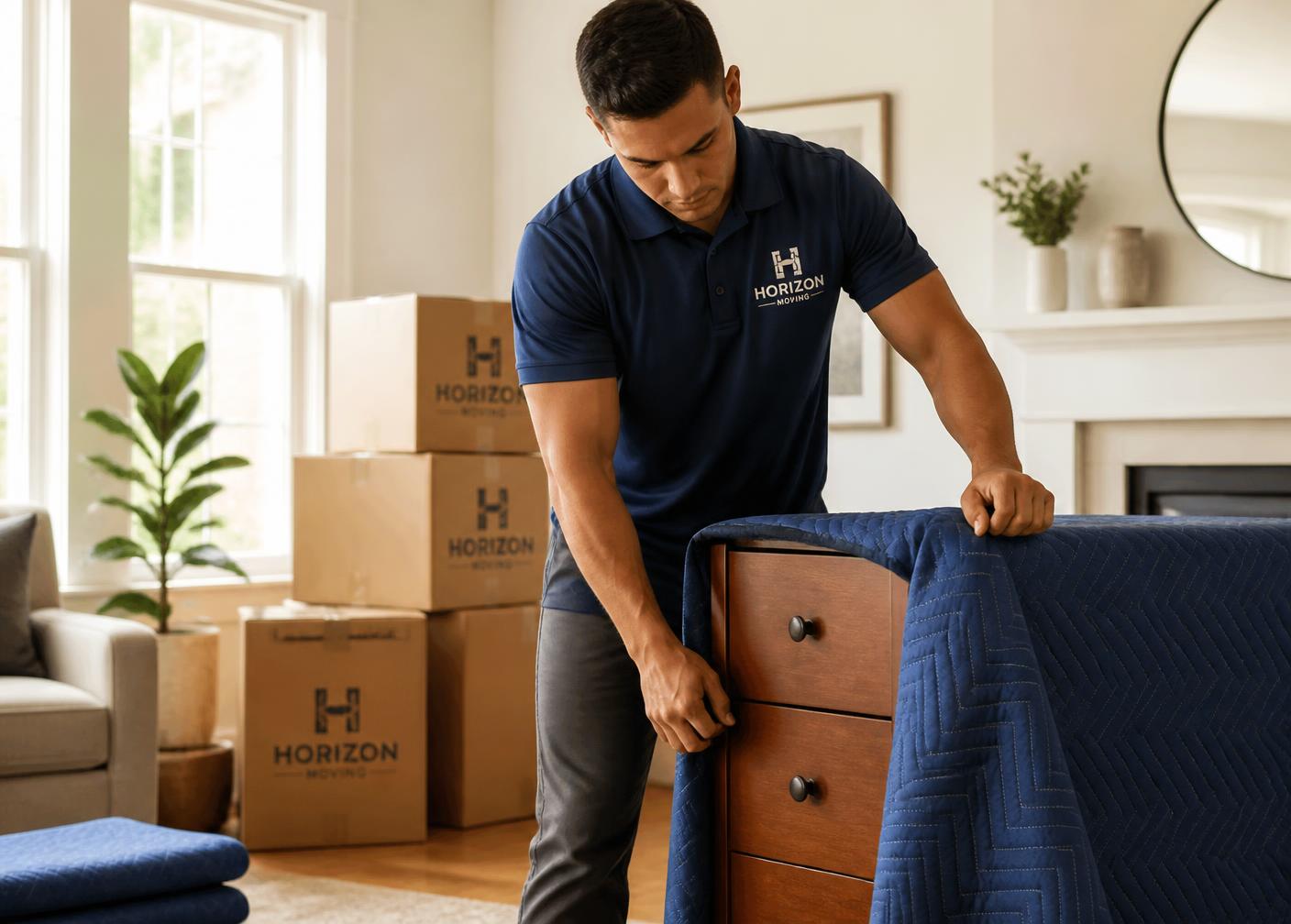 Professional mover wrapping a wooden dresser in a padded blanket inside a bright living room
